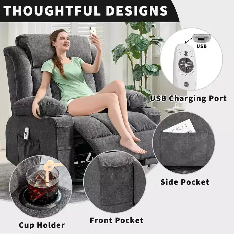 GustoWave Oversized Fabric 360 Swivel Rocking Recliner Chair with Heat and Massage, Extra Wide Lazy Recliner Sofa Chair for Adults
