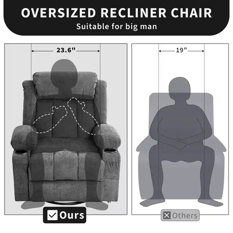 GustoWave Oversized Fabric 360 Swivel Rocking Recliner Chair with Heat and Massage, Extra Wide Lazy Recliner Sofa Chair for Adults