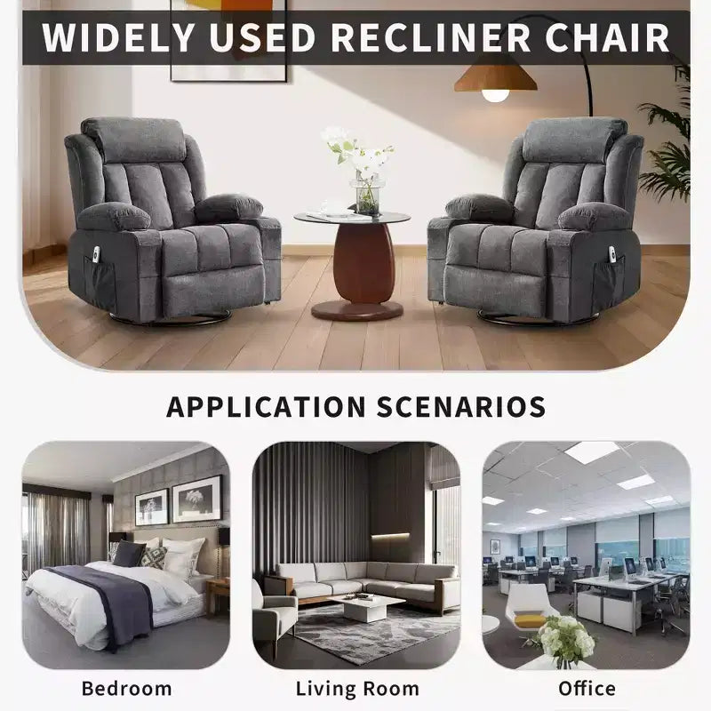 GustoWave Oversized Fabric 360 Swivel Rocking Recliner Chair with Heat and Massage, Extra Wide Lazy Recliner Sofa Chair for Adults