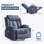 GustoWave Oversized Fabric 360 Swivel Rocking Recliner Chair with Heat and Massage, Extra Wide Lazy Recliner Sofa Chair for Adults