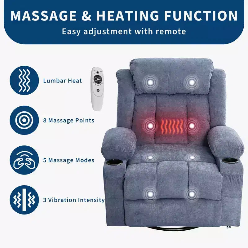 GustoWave Oversized Fabric 360 Swivel Rocking Recliner Chair with Heat and Massage, Extra Wide Lazy Recliner Sofa Chair for Adults