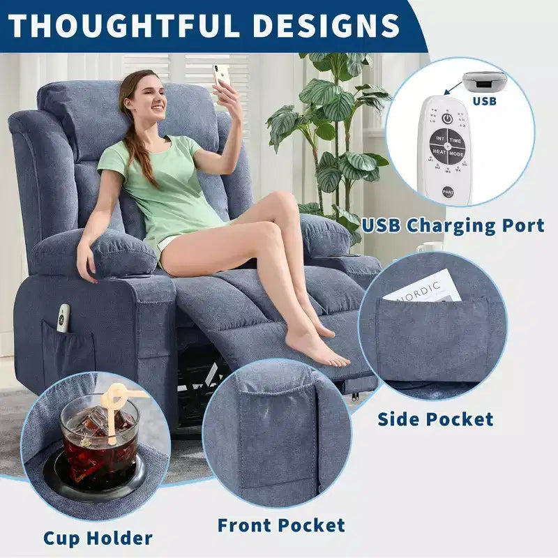 GustoWave Oversized Fabric 360 Swivel Rocking Recliner Chair with Heat and Massage, Extra Wide Lazy Recliner Sofa Chair for Adults
