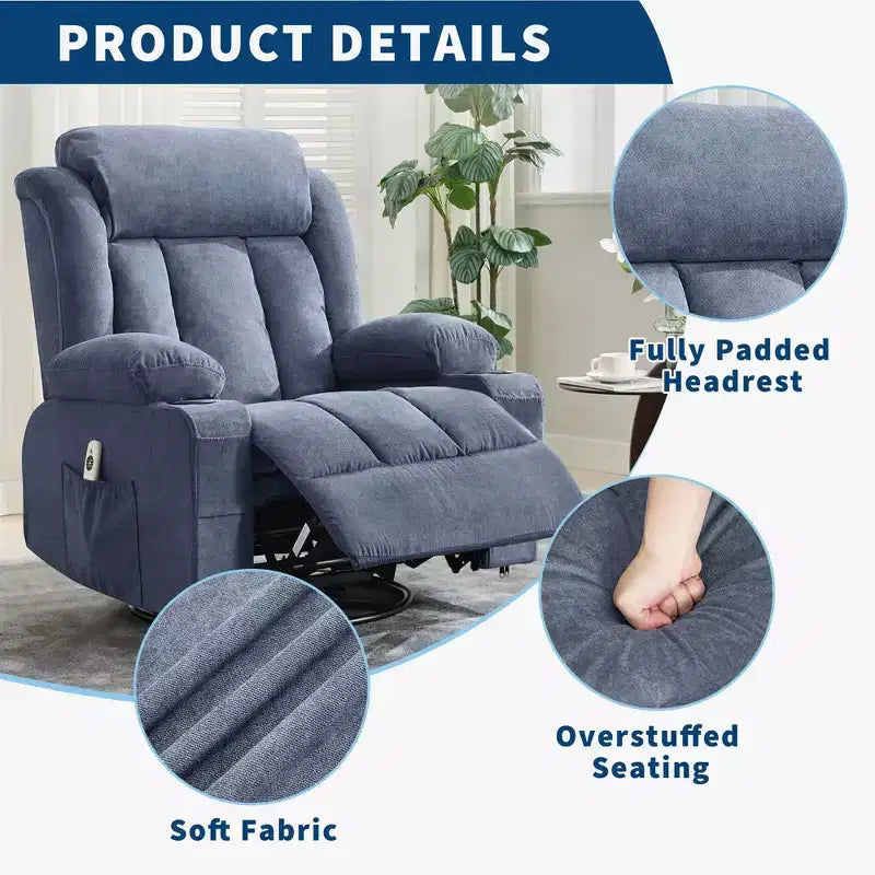 GustoWave Oversized Fabric 360 Swivel Rocking Recliner Chair with Heat and Massage, Extra Wide Lazy Recliner Sofa Chair for Adults