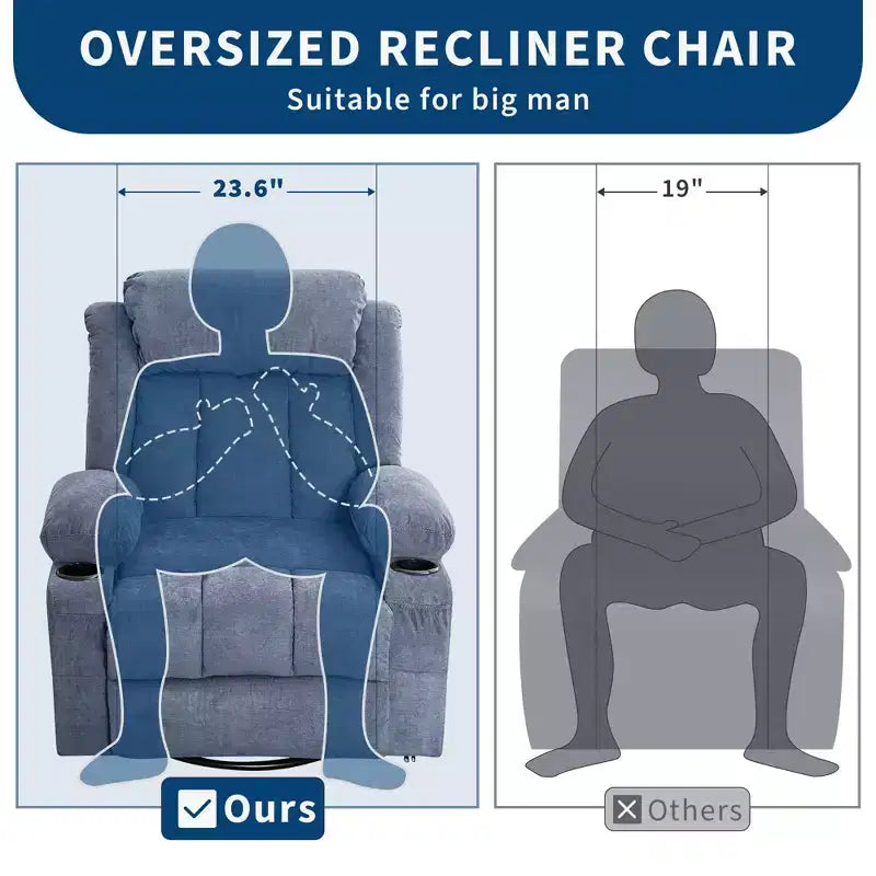 GustoWave Oversized Fabric 360 Swivel Rocking Recliner Chair with Heat and Massage, Extra Wide Lazy Recliner Sofa Chair for Adults