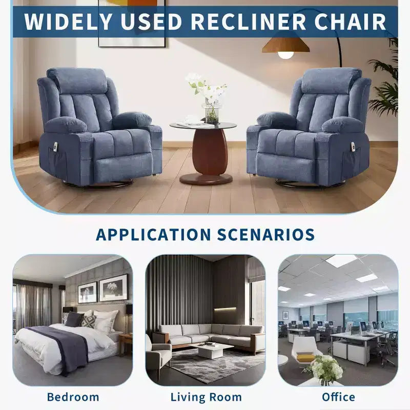 GustoWave Oversized Fabric 360 Swivel Rocking Recliner Chair with Heat and Massage, Extra Wide Lazy Recliner Sofa Chair for Adults