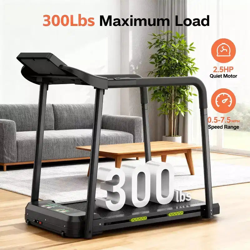 Tapis roulant pieghevole per anziani, design sicuro e stabile con corrimano lungo, ampio display LED, capacità di peso di 136 kg