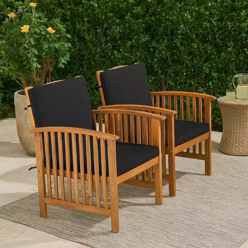 Royal Hampton Outdoor Armchair Set of 2, Black Cushions, Natural Brown Wood
