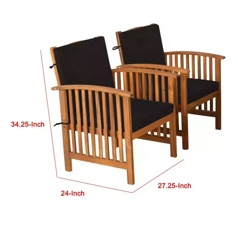 Royal Hampton Outdoor Armchair Set of 2, Black Cushions, Natural Brown Wood