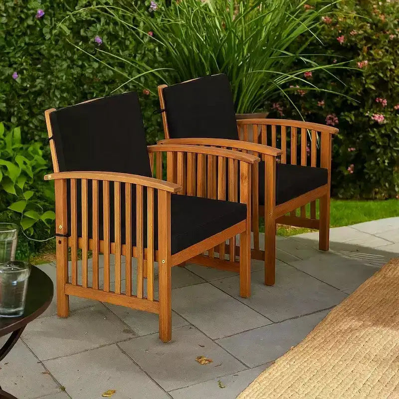 Royal Hampton Outdoor Armchair Set of 2, Black Cushions, Natural Brown Wood