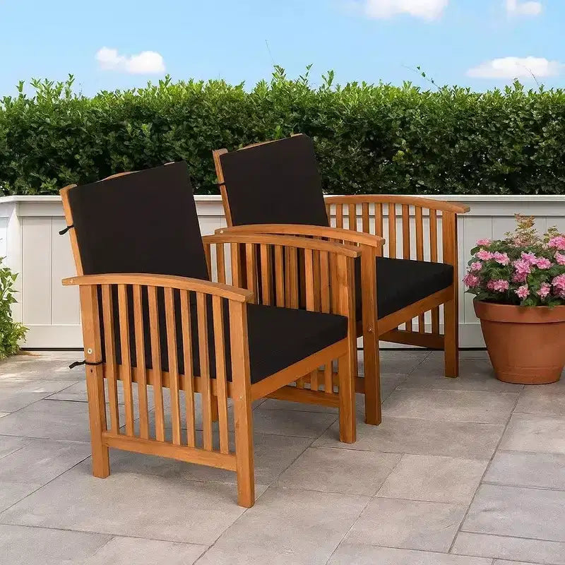 Royal Hampton Outdoor Armchair Set of 2, Black Cushions, Natural Brown Wood