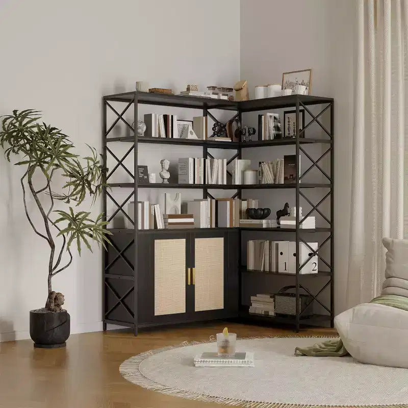 Scaffale angolare a 6 ripiani, libreria grande ad angolo, scaffale a L vintage con robusta struttura in metallo e 2 armadietti con ante in rattan per l'ufficio di casa