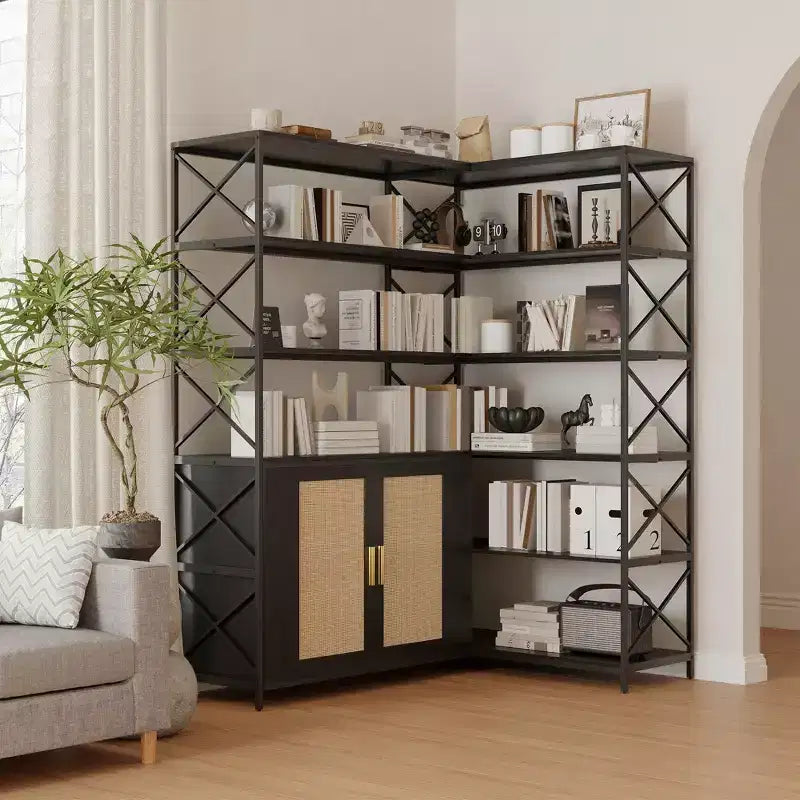 Scaffale angolare a 6 ripiani, libreria grande ad angolo, scaffale a L vintage con robusta struttura in metallo e 2 armadietti con ante in rattan per l'ufficio di casa