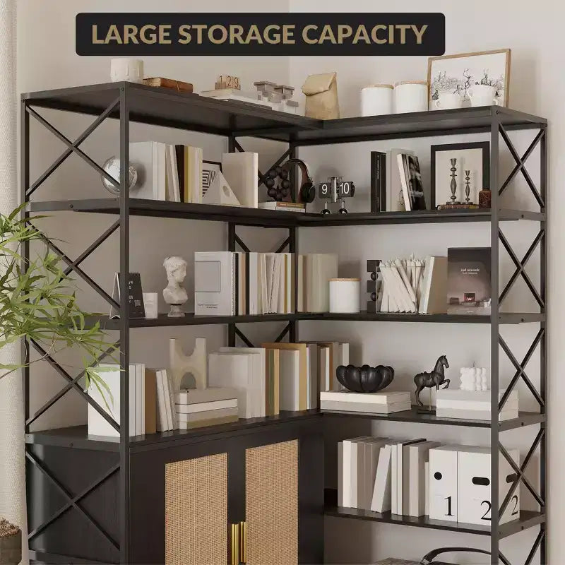 Scaffale angolare a 6 ripiani, libreria grande ad angolo, scaffale a L vintage con robusta struttura in metallo e 2 armadietti con ante in rattan per l'ufficio di casa