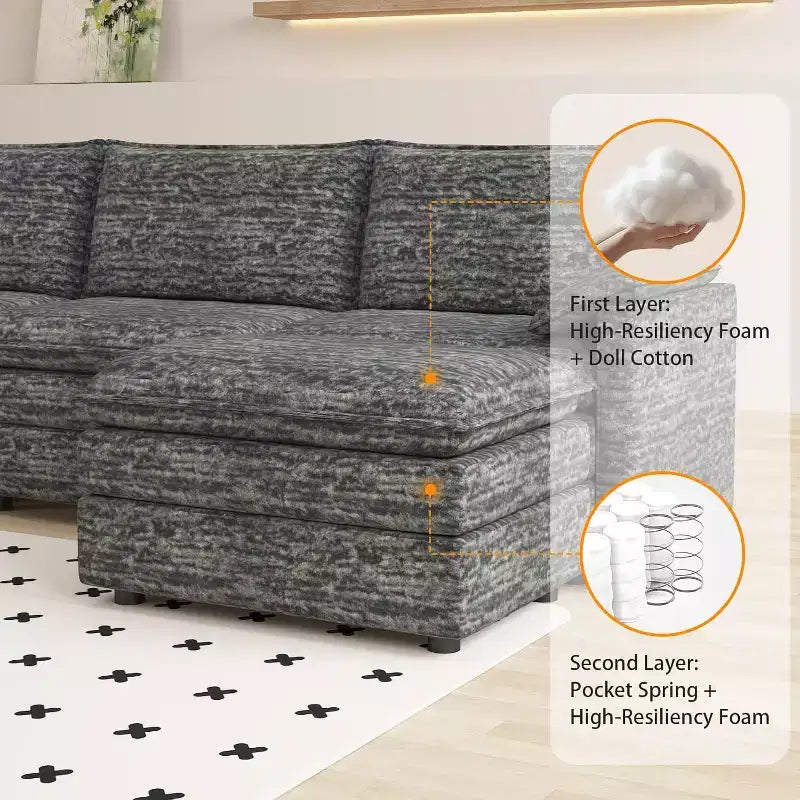 108 XL Modular Sectional Sofa, Deep Seat Modern Chenille L-Shaped Cloud Couch for 4 with Movable Ottoman, Versatile Sectional for Living Room