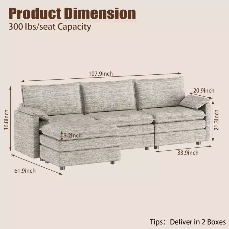 108 XL Modular Sectional Sofa, Deep Seat Modern Chenille L-Shaped Cloud Couch for 4 with Movable Ottoman, Versatile Sectional for Living Room