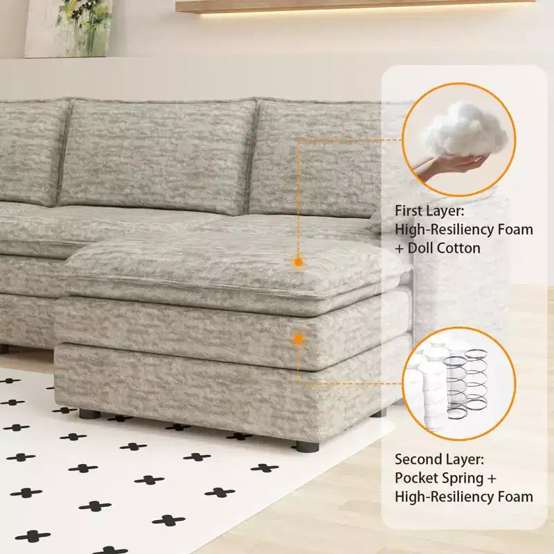 108 XL Modular Sectional Sofa, Deep Seat Modern Chenille L-Shaped Cloud Couch for 4 with Movable Ottoman, Versatile Sectional for Living Room