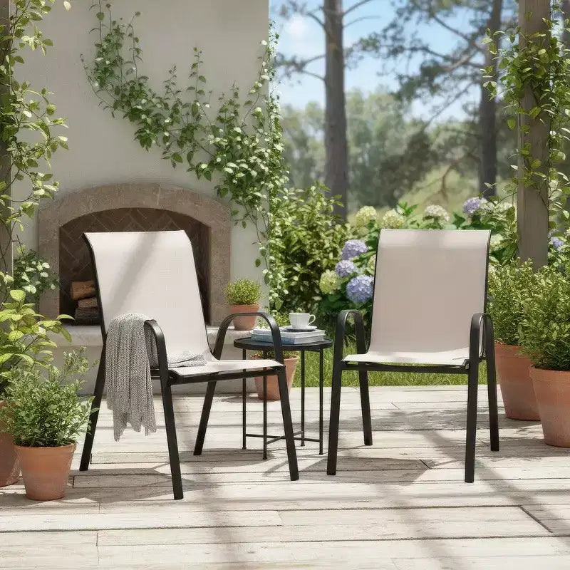 Royal Hampton Outdoor Stacking Chair Set of 2, Beige Mesh Fabric, Black Metal