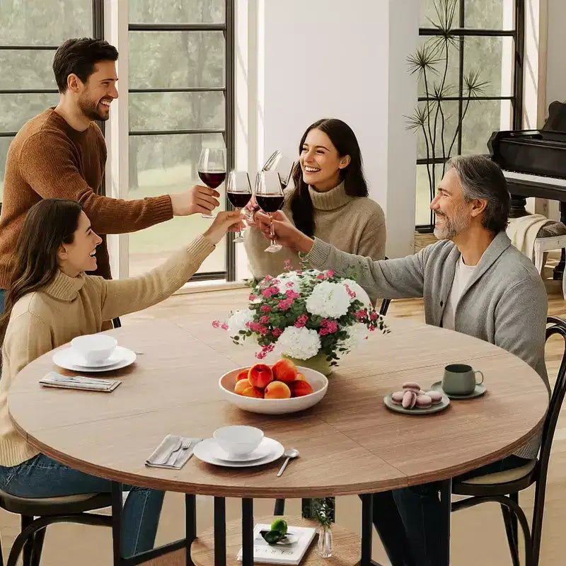 59-inch round wooden dining table for 4-6 people, featuring a base and adjustable legs. Space-saving, farmhouse style, suitable for the living room