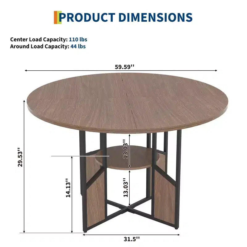 59-inch round wooden dining table for 4-6 people, featuring a base and adjustable legs. Space-saving, farmhouse style, suitable for the living room