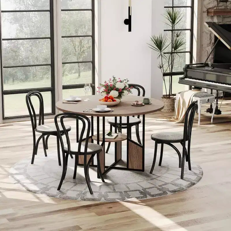 59-inch round wooden dining table for 4-6 people, featuring a base and adjustable legs. Space-saving, farmhouse style, suitable for the living room