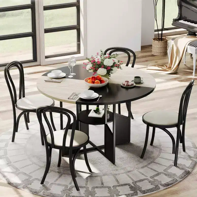 59-inch round wooden dining table for 4-6 people, featuring a base and adjustable legs. Space-saving, farmhouse style, suitable for the living room