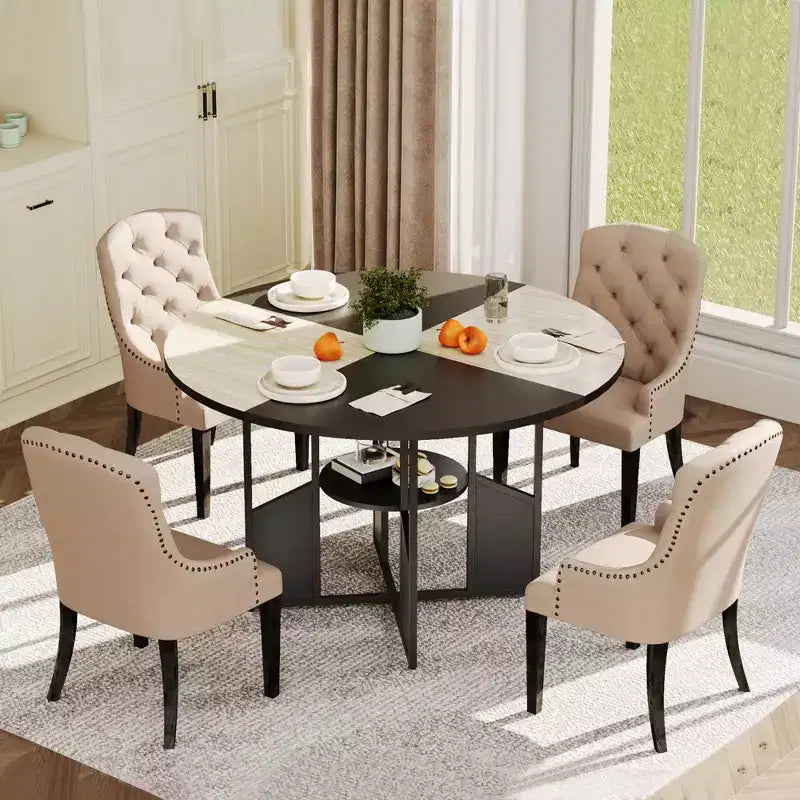 59-inch round wooden dining table for 4-6 people, featuring a base and adjustable legs. Space-saving, farmhouse style, suitable for the living room