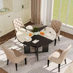 59-inch round wooden dining table for 4-6 people, featuring a base and adjustable legs. Space-saving, farmhouse style, suitable for the living room