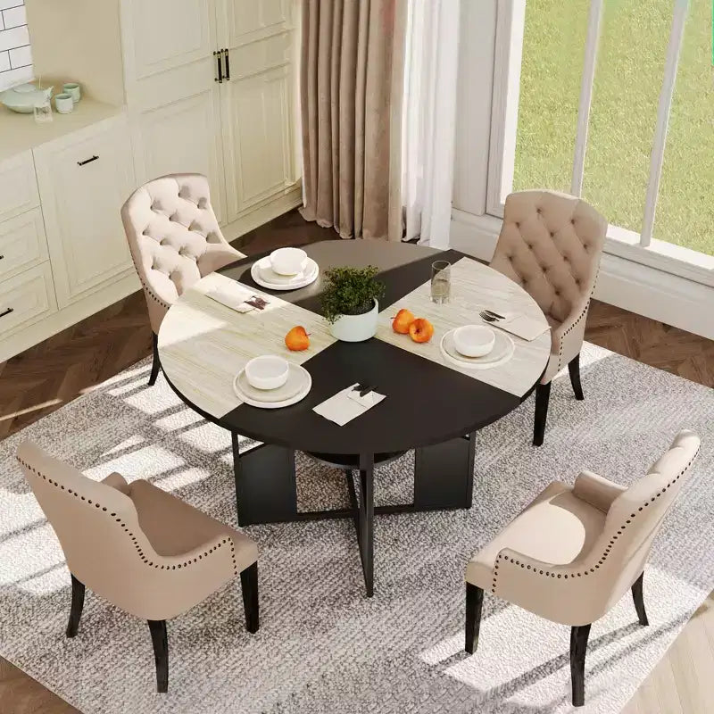 59-inch round wooden dining table for 4-6 people, featuring a base and adjustable legs. Space-saving, farmhouse style, suitable for the living room