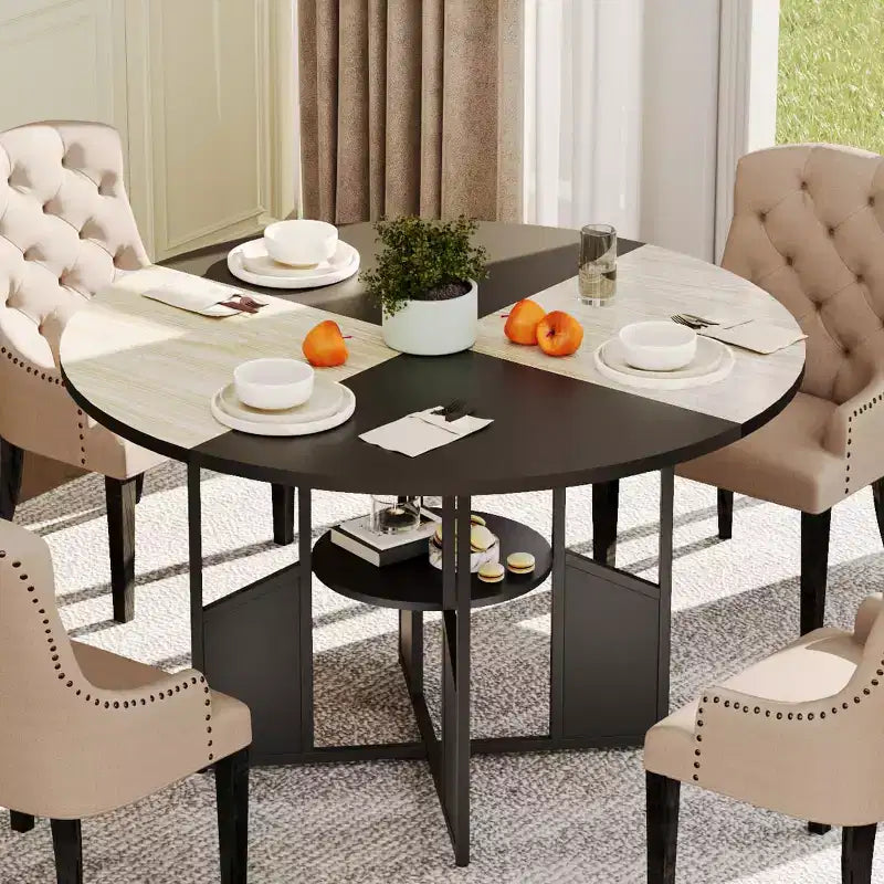 59-inch round wooden dining table for 4-6 people, featuring a base and adjustable legs. Space-saving, farmhouse style, suitable for the living room