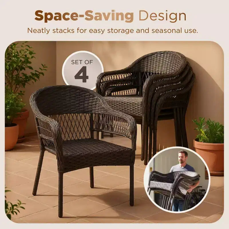 Arro Bistro Stacking Chairs, Mocha, Wicker Construction, Indoor & Outdoor - 4 Piece Set