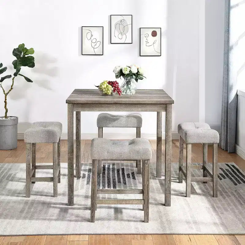 Okak 5-Piece Farmhouse Style Bar Dining Table Set & Bar Stools for Kitchen,Dining Room,Vintage Dinette Set with Solid Wood Frame
