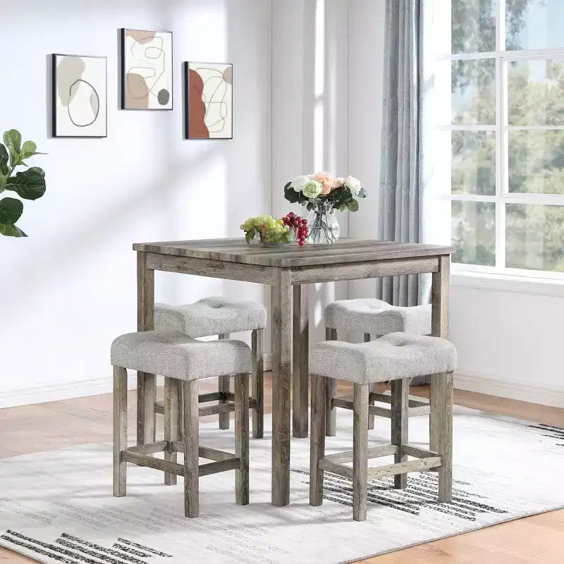 Okak 5-Piece Farmhouse Style Bar Dining Table Set & Bar Stools for Kitchen,Dining Room,Vintage Dinette Set with Solid Wood Frame