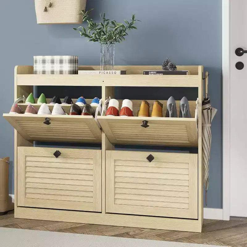 Scarpiera grande con 4 cassetti a ribalta, ganci e vano portaoggetti, una soluzione salvaspazio per scarpe per ingressi, corridoi e soggiorni.