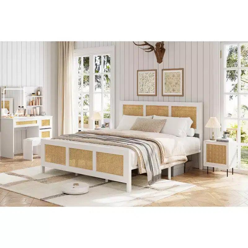 COZONY Rattan Full Bed Frame with Wicker Headboard, Boho Platform Metal Slats No Box Spring Needed