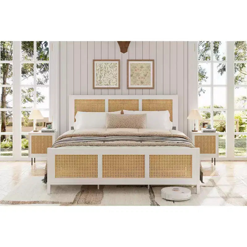 COZONY Rattan Letto Matrimoniale con Testiera in Vimini, Base Piattaforma Boho in Metallo a Doghe, Nessun Box Spring Necessario