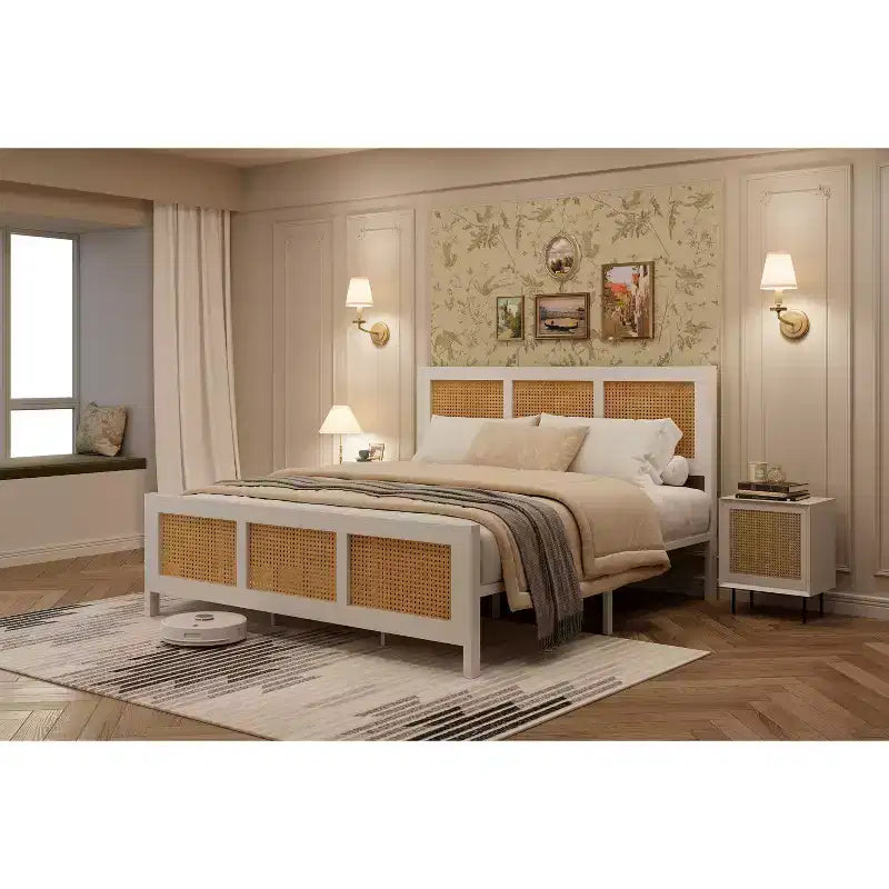COZONY Rattan Letto Matrimoniale con Testiera in Vimini, Base Piattaforma Boho in Metallo a Doghe, Nessun Box Spring Necessario