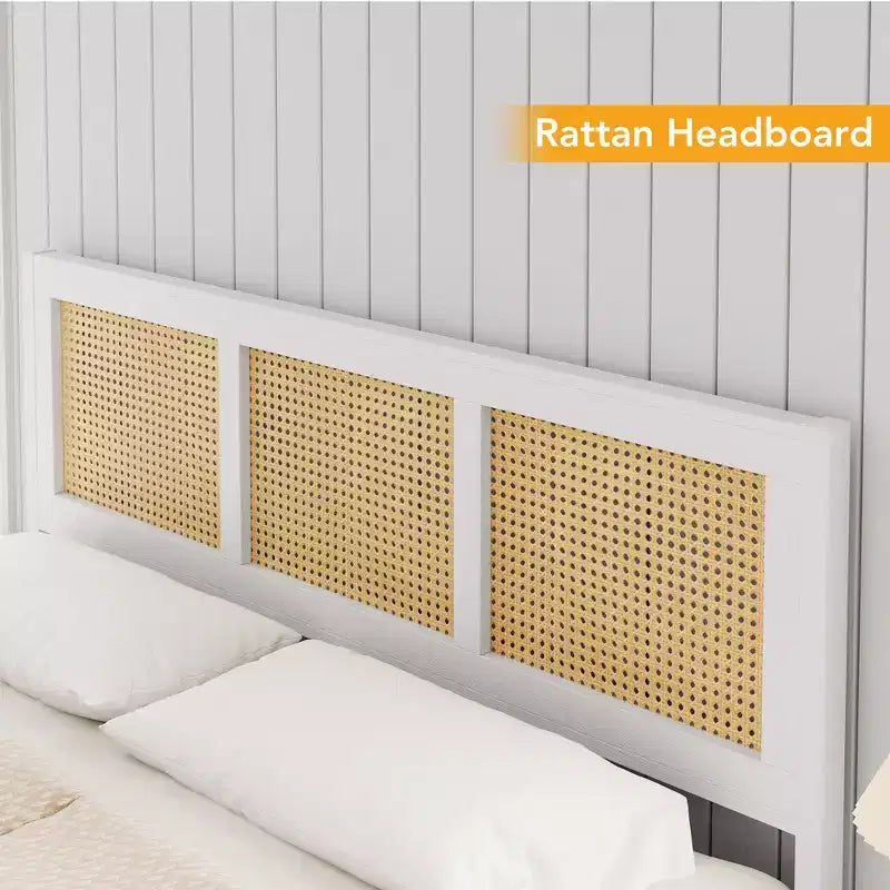 COZONY Rattan Letto Matrimoniale con Testiera in Vimini, Base Piattaforma Boho in Metallo a Doghe, Nessun Box Spring Necessario