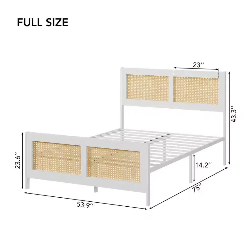 COZONY Rattan Letto Matrimoniale con Testiera in Vimini, Base Piattaforma Boho in Metallo a Doghe, Nessun Box Spring Necessario
