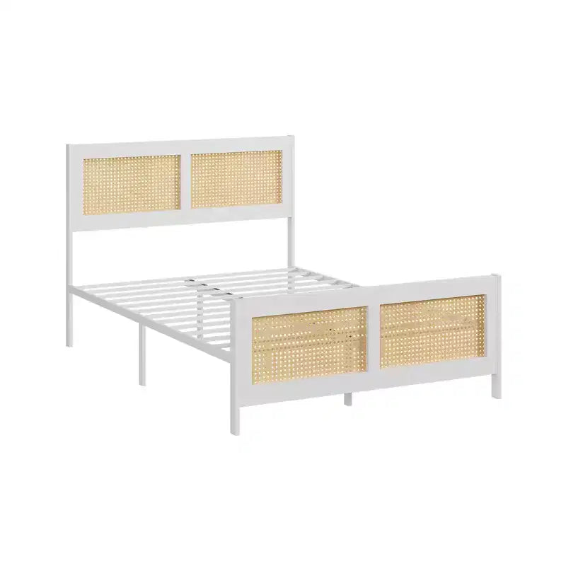COZONY Rattan Letto Matrimoniale con Testiera in Vimini, Base Piattaforma Boho in Metallo a Doghe, Nessun Box Spring Necessario