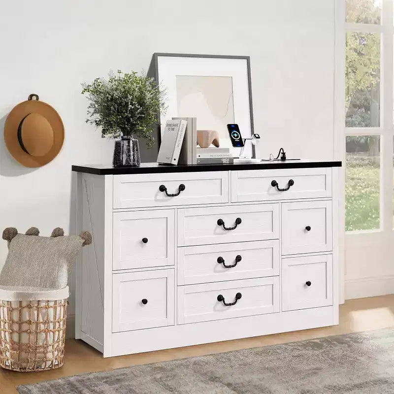 9 Farmhouse Dresser with Charging Station & Metal Handle, Wooden Tv Stand with Dressers