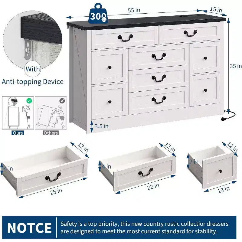 9 Farmhouse Dresser with Charging Station & Metal Handle, Wooden Tv Stand with Dressers