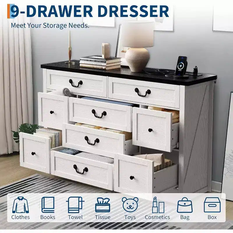 9 Farmhouse Dresser with Charging Station & Metal Handle, Wooden Tv Stand with Dressers
