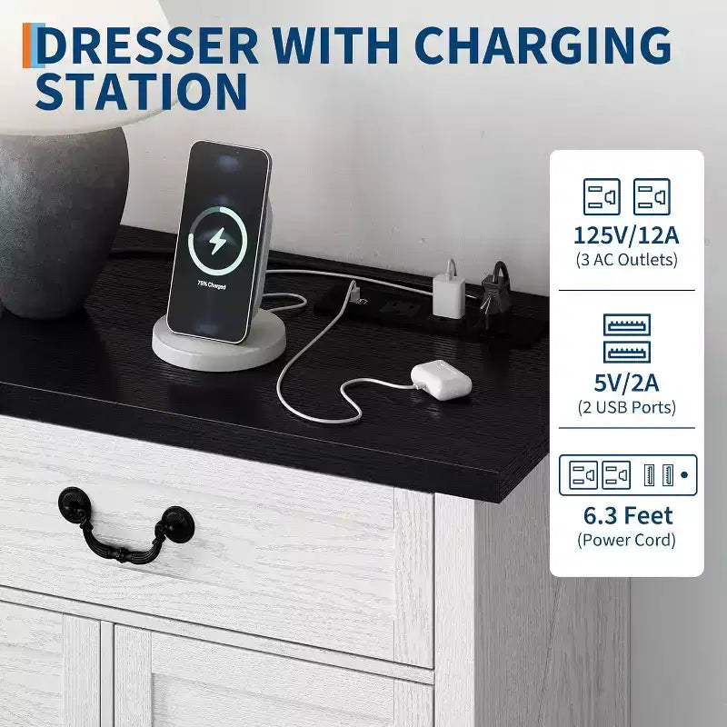 9 Farmhouse Dresser with Charging Station & Metal Handle, Wooden Tv Stand with Dressers