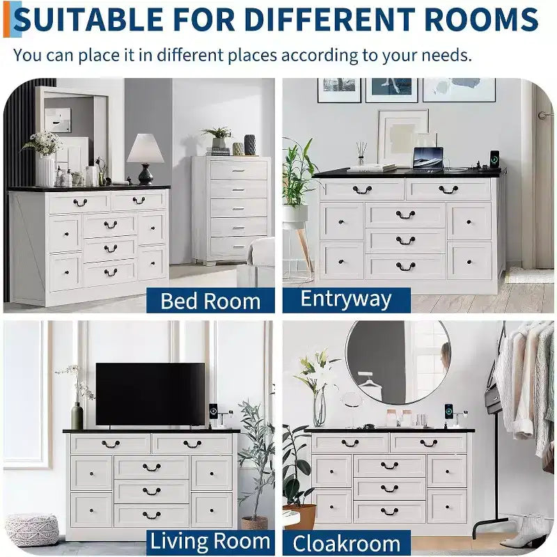 9 Farmhouse Dresser with Charging Station & Metal Handle, Wooden Tv Stand with Dressers