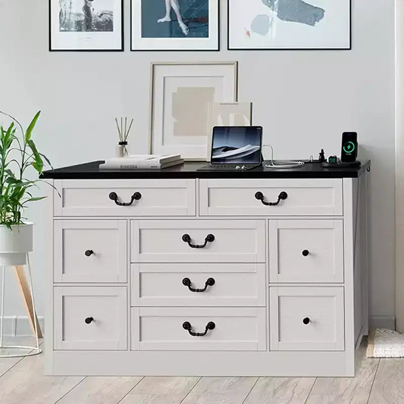 9 Farmhouse Dresser with Charging Station & Metal Handle, Wooden Tv Stand with Dressers