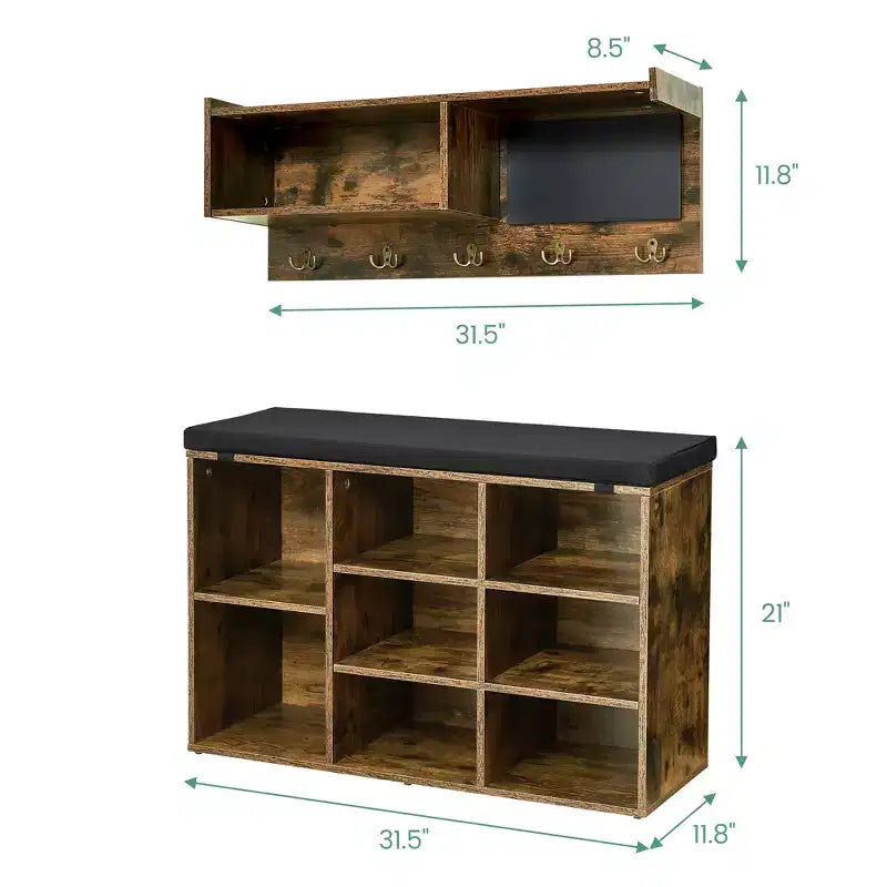 COZONY 31.5 Mobile da ingresso con panca portascarpe, organizer a 8 scomparti e appendiabiti a parete, marrone rustico, per corridoio, disimpegno, ingresso