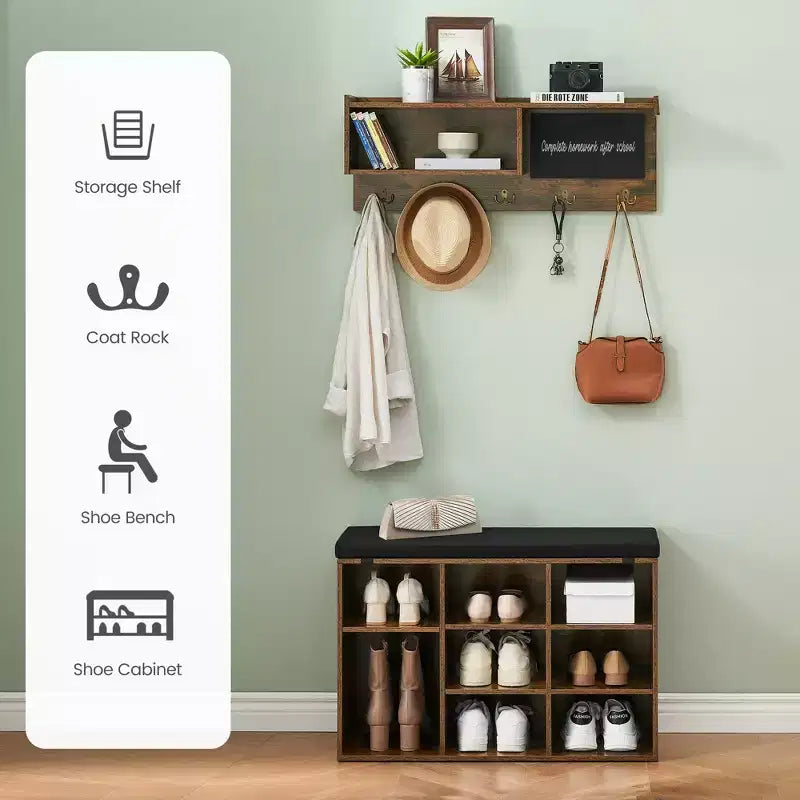 COZONY 31.5 Mobile da ingresso con panca portascarpe, organizer a 8 scomparti e appendiabiti a parete, marrone rustico, per corridoio, disimpegno, ingresso