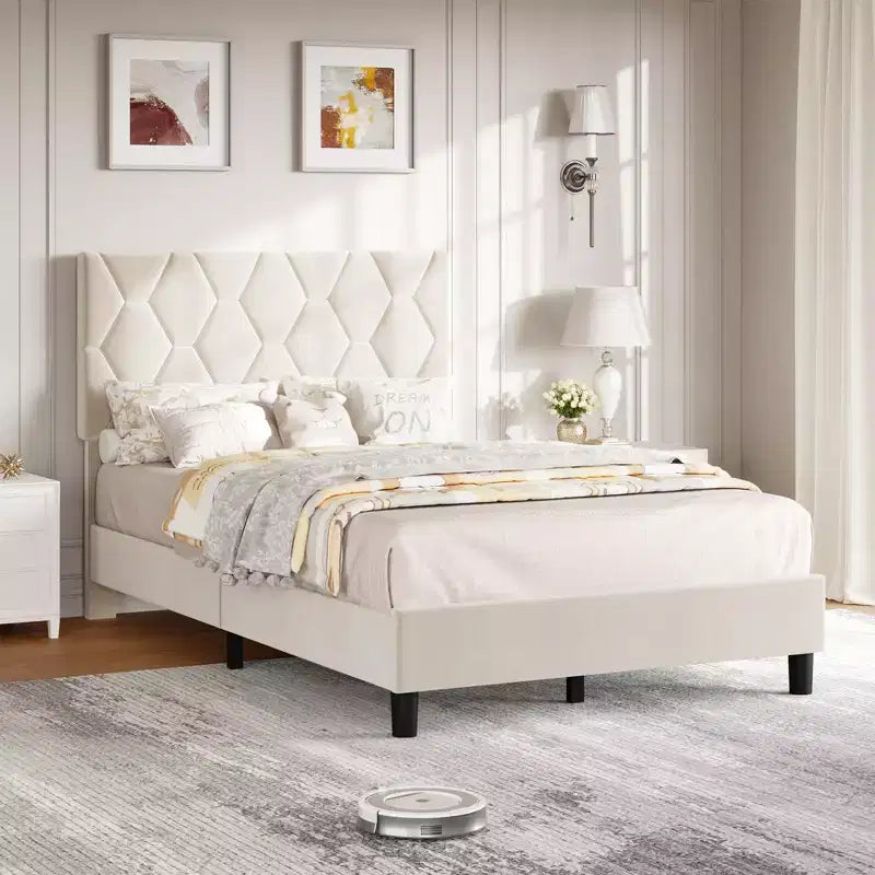 COZONY Velvet Upholstered Twin Bed Frame, Adjustable Headboard Wood Slat Support Metal Frame