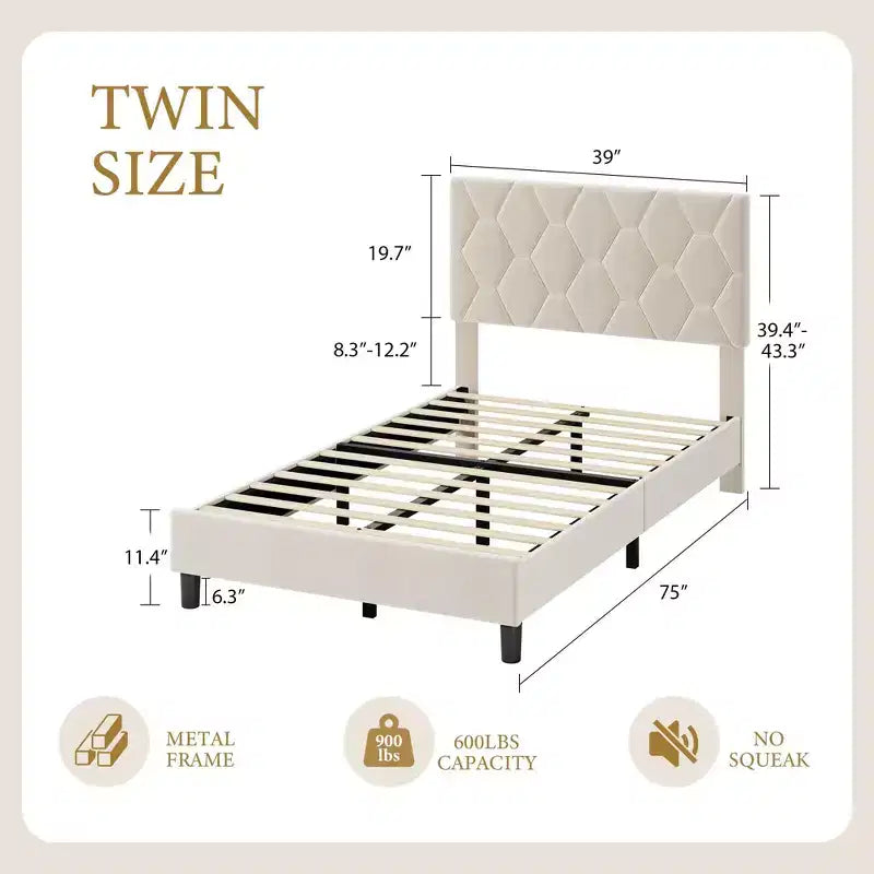 COZONY Velvet Upholstered Twin Bed Frame, Adjustable Headboard Wood Slat Support Metal Frame