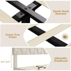 COZONY Velvet Upholstered Twin Bed Frame, Adjustable Headboard Wood Slat Support Metal Frame
